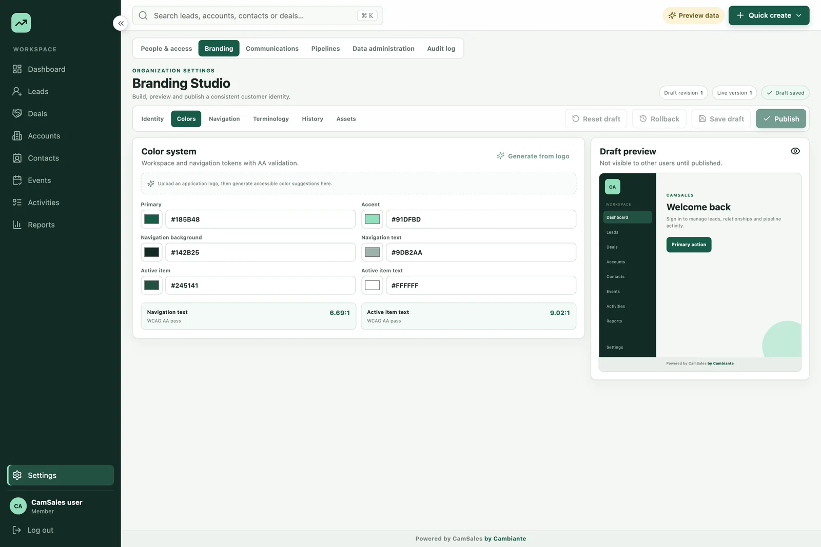 Workspace color settings